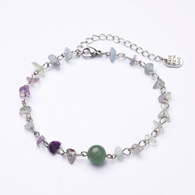 

Natural Fluorite Chip Anklets with Iron Eye Pin Tibetan Style Pendants&Lobster Clasp 9-12"240mm