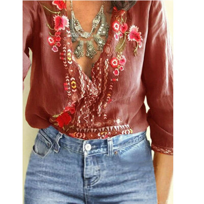 

Women T-Shirt Embroidered Flowers Tee Deep V-Neck Long Sleeve Shirts Top Blouse
