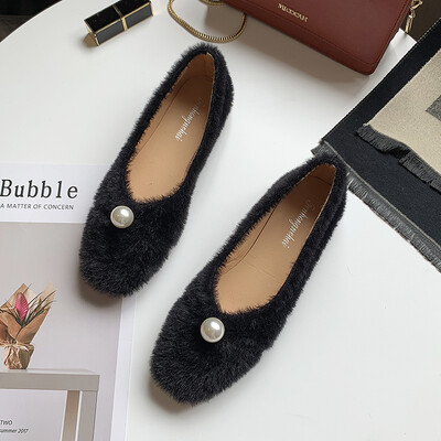

Fur shoes Female autumn bean shoes with velvet&warm cotton shoes with flat bottom ladle shoes for pregnant women