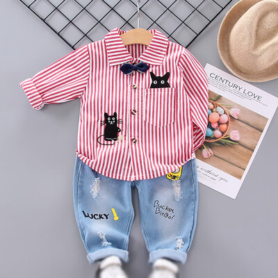 

Autumn Baby Boys Casual Long Sleeve Striped Cat Print Shirt Blouse TopsDenim Pants Trouser Set