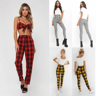 

Women High Waist Zip-up Plaid Casual Pants Sweatpants Skinny Striped Trousers
