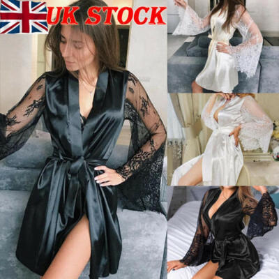 

Women Ladies Gown Lace Bath Robe Plus Size Sleepwear Satin Silk Kimono Nightwear