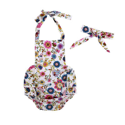 

2pcsset Cute Baby Girl Sling Rompers Headbands Infant Flower Print Clothes