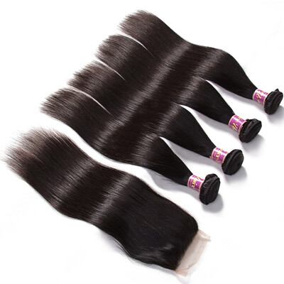 

UNice Hair indian Virgin Human Hair 4 Bundles with Closure 4x4 Straight