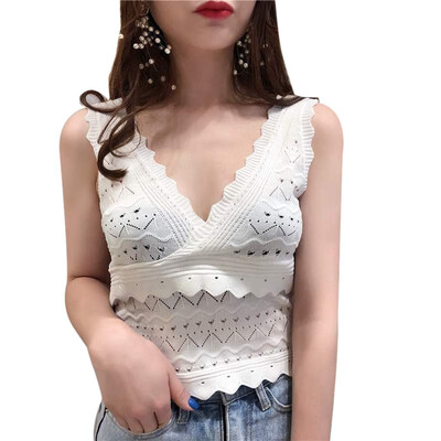 

Women Korean Style Sexy Hollow Out V-Neck Tank Top Summer Knitted Sleeveless Beachwear Crop Top