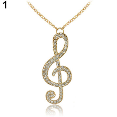 

Fashion Women Fully Rhinestone Music Note Pendant Long Chain Sweater Necklace