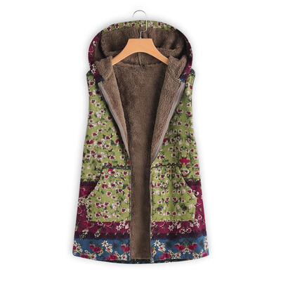 

Toponeto Women Winter Warm Outwear Floral Print Hooded Pockets Vintage Oversize Coat Vest