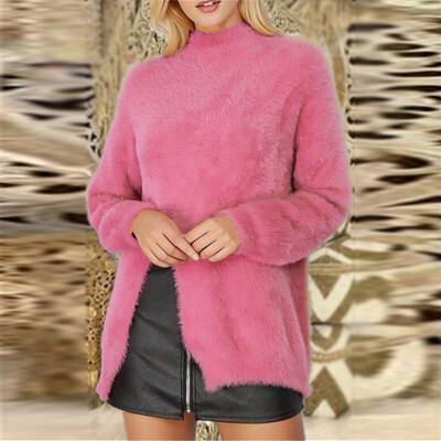 

Women Casual Split Sweater Fluffy Half High Collar Warm Long Sleeve Knitwear