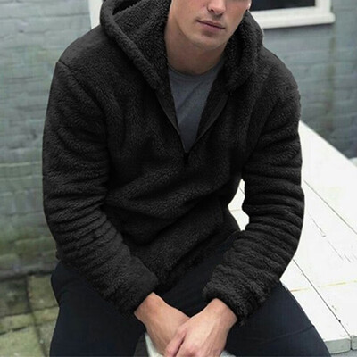 

Men Casual Thick Warm Solid Color Tops Hooded Pocket Pullover Zipper Sweater
