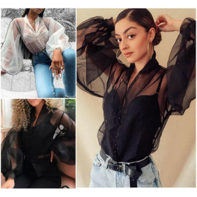 

Women See-through Sheer Mesh Causal Blouse Puff Long Sleeve T-shirt Top Shirt