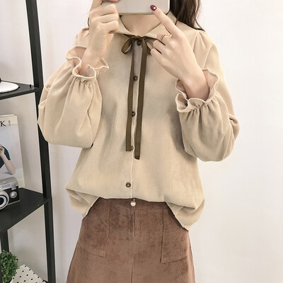 

Korean Style Women Long Sleeve Bow Tie Casual Blouse T-shirt Top Casual Shirt