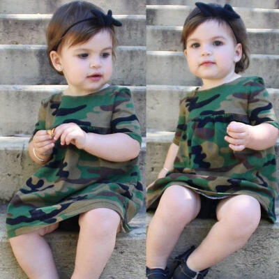 

Kids Baby Girls Toddler Army Green Camouflage Casual Short Sleeve Loose Dress