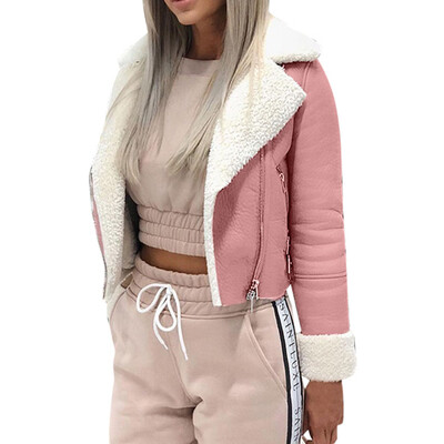 

Toponeto Women Lapel Suede Leather Buckle Cool Pilot Jacket Faux Lamb Wool Motorcycle Jackets