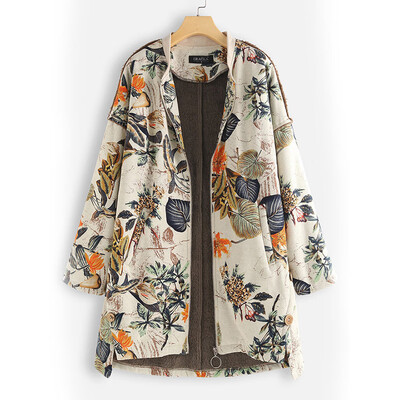 

Ladies Loose Lapel Collar Zipper Jacket Tops Floral Print Long Sleeve Warm Coat