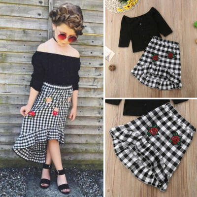 

Fashion Toddler Kids Baby Girls Tops T-shirt Plaid Skirt Dress Outfits Clothes