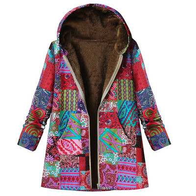 

Toponeto Women Winter Vintage Warm Printed Pockets Thicker Zipper Hooded Coat Outwear