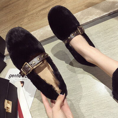 

Single-shoe Female Autumn-style Korean version 100-band buckled fur shoes with round head fashion ins riveted flat-soled bread sho