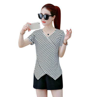 

Striped T Shirt Women Summer V-Neck Short Sleeve Irregular Slim Cotton Tee
