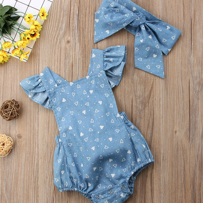 

Toddlers Infant Baby Kids Hearts Printed HeadbandRomper Clothes Set Outfits