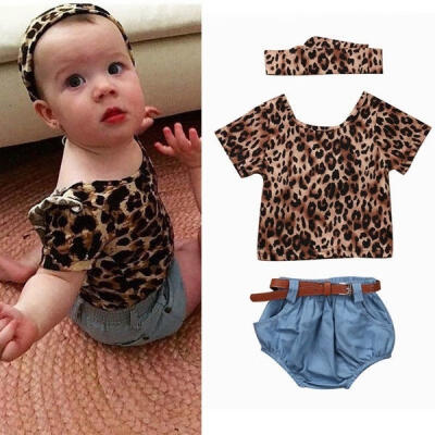 

3pcs Sets Newborn Baby Girls Leopard Short Sleeves Leopard T-Shirtdenim PantsHeadhand Summer Clothes