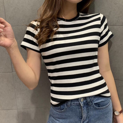 

Contrast Tape Striped Print Ribbed Tee Short Sleeve Round Neck Tops Women