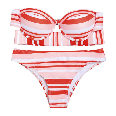 

Women Sexy Stripe Print Strapless Lady Swimsuit Bikini Set