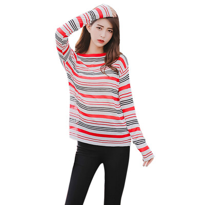 

Women Sexy Striped Print T-shirt Round Neck Long Sleeve Knit Thin Tops Autumn Fashion Casual Harajuku Tees for Ladies