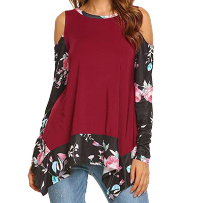 

Nomeni Womens Floral Prints Long Sleeve Cold Shoulder Tunics T-Shirt Blouse Tops BKL