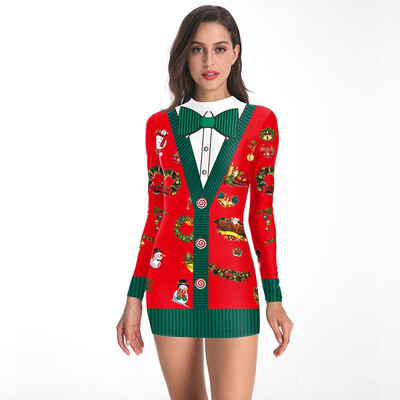 

Tailored Women Fashion Christmas Print Dress Round Neck Zipper Long Sleeve Mini Dress