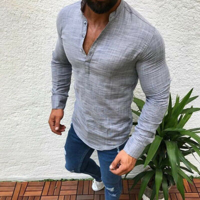 

Mens Slim Fit V Neck Long Sleeve Muscle Tee T-shirt Casual Tops Henley Shirts