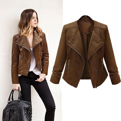 

Tailored Fashion Wome Zipper Leather Zip-Up Vintage Slim Lady Coat Motorcycle Moto Jacket