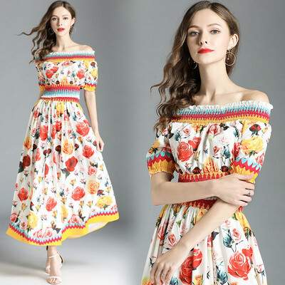 

DFYOP New Fashion Womens Two Piece Shoulder Length Big Print Dress