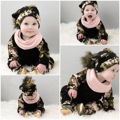 

Newborn Baby Girls Floral Clothes Tops T Shirts Long Pants Pom Pom Hat Outfits