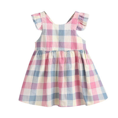 

Sweet Color Plaid Print Summer Kids Girl O-neck Fly Sleeves Princess Dress