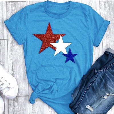 

Nomeni Women Summer Five Pointed Star Printing Shirt Short Sleeve Casual Tops Blouse