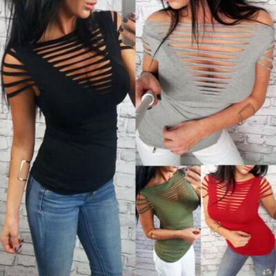 

Fashion Women Loose Short Sleeve Tops Blouse Hollow out Casual Tops T-Shirt