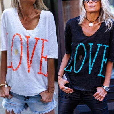 

Womens Fashion V-Neck Tops Short Sleeve Loose Blouse Summer Casual T-shirt