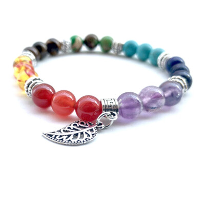 

Leaves Pendant Seven Chakra Yoga Emperor Stone Hand Cord Elasticity Bracelet Unisex Pair Jewellery