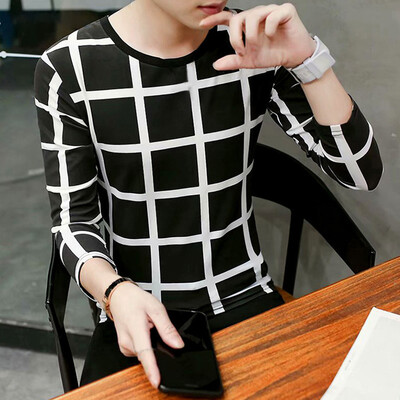 

Men Long Sleeve Round Neck Slim Fit Plaid Blouse Tops Pullover Party T-Shirts