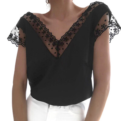 

Women Short Sleeve Tops V-neck Blouse Mesh Backless T-shirt Formal Shirts Casual