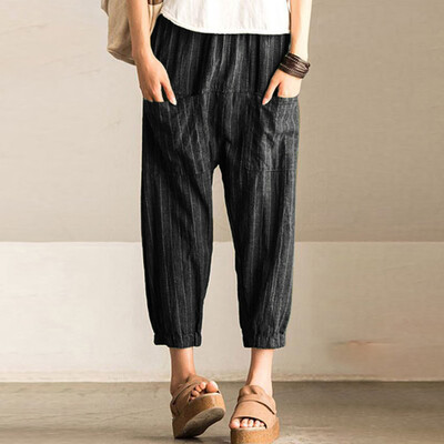 

Tailored Women Retro Striped High Waist Casual Loose Elastic Trousers Harem Pants