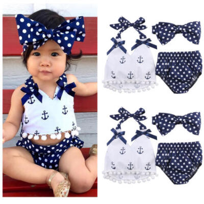 

Summer Baby Girls Anchor TopsPolka Dot Briefs Shorts 3pcs Outfits Set Beachwear