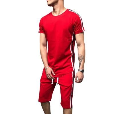 

Mens Fashion O-Neck Striped Print Top And Casual Knee-Length Shorts Set