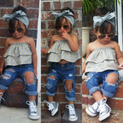 

Toddler Kids Girls Off Shoulder Tops Shirt Denim Pants Outfits Clothes Set 1-6T