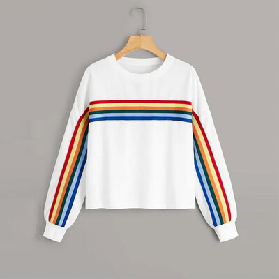 

Tailored Fashion Women Casual Loose Long Sleeve Rainbow Stripes Sweatshirt Tops