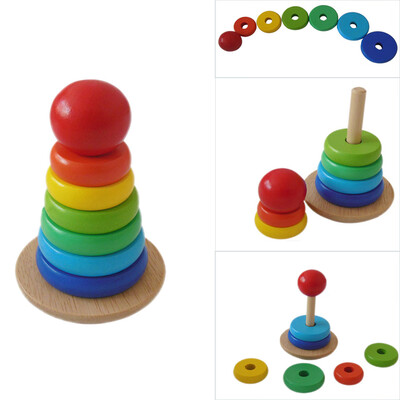

YIWULAKid Baby Wooden Stacking Stack Up Rainbow Tower Ring Educational Toy
