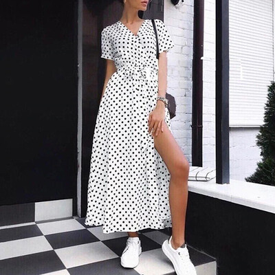 

Women Short Sleeve Beach Wind Middle Waist V Neck Large Swing Dress