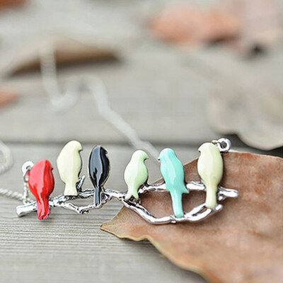 

Cute Animal Lovely Pendant Six Birds On Branch Women Long Jewelry Chain Necklace