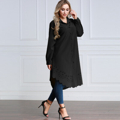 

Women Plus Size Shirt Dress Burning Flowers Hollow Out Irregular Hem Belted Casual Tunic Long Blouse Top