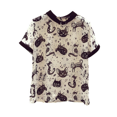 

Women Summer Elegant And Design Round Collar Cartoon Cat Print Loose Half Sleeve Casual T-Shirt Simple Wild Tops